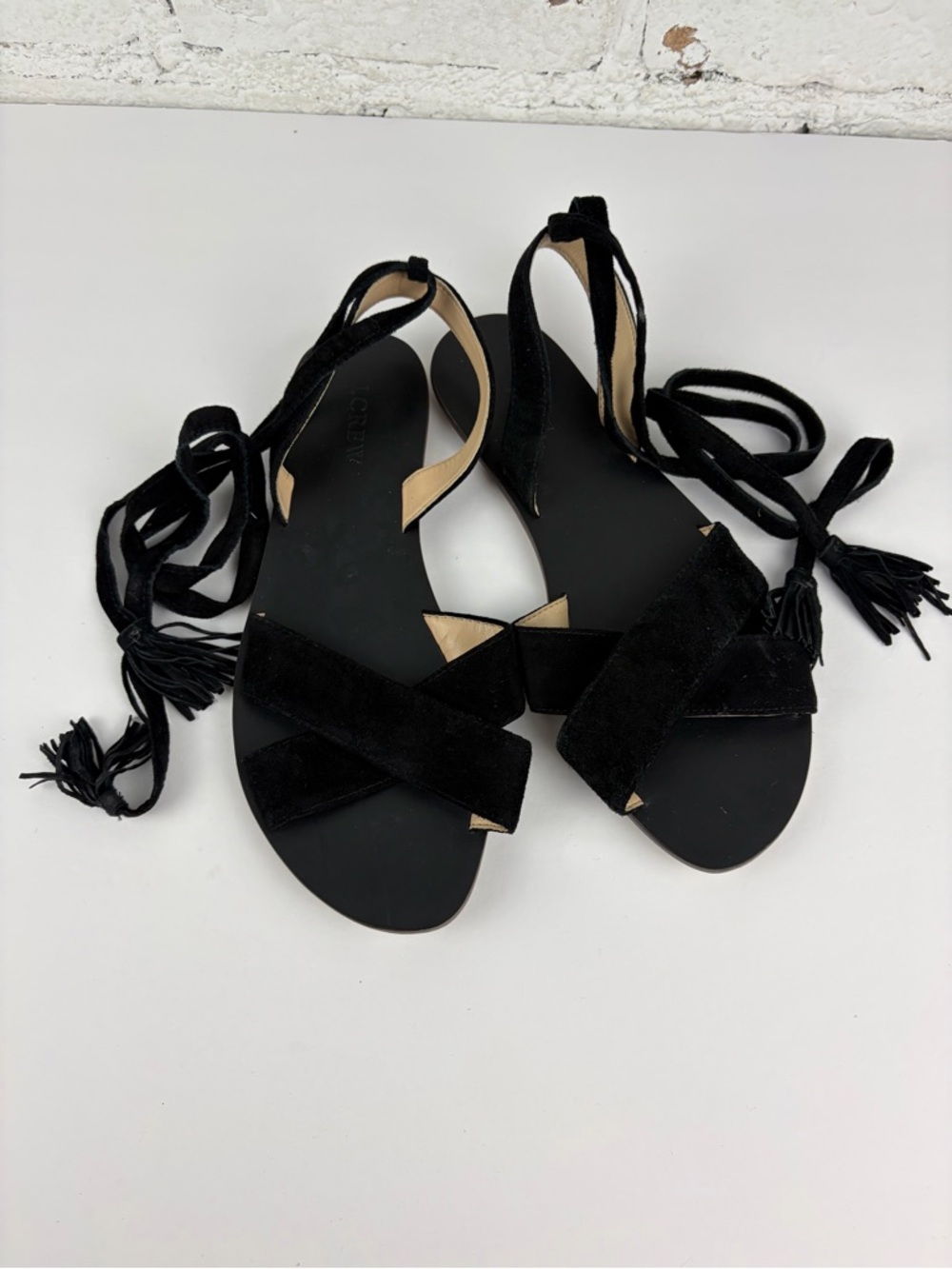 J Crew Black Suede Leather Ankle Wrap Tie Lace Up Flat Sandals 8